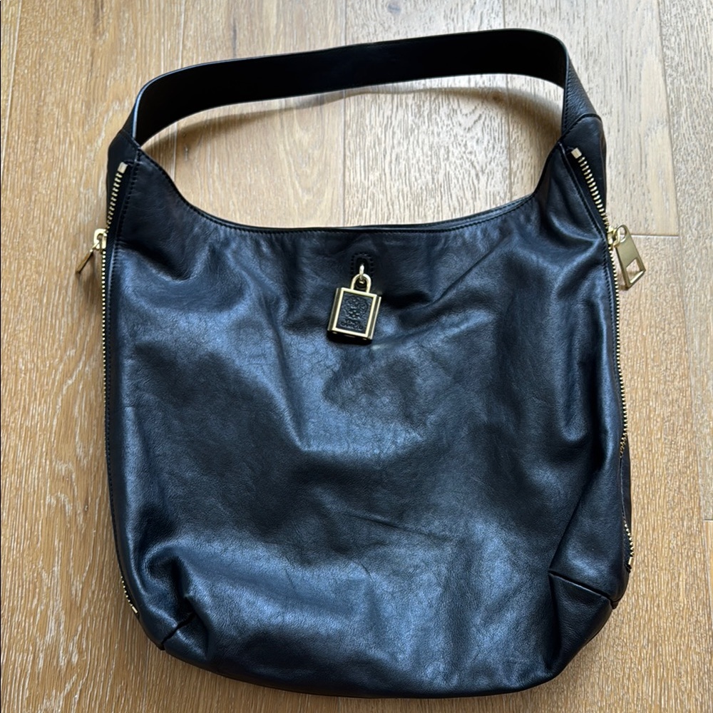 Vince Camuto Black and Gold Shoulder Bag with Glossy Finish
